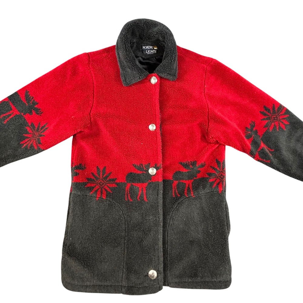 Nordic Lights Fleece Jacket Mens Size S Red Black Moose‎ Snowflake USA Made VTG